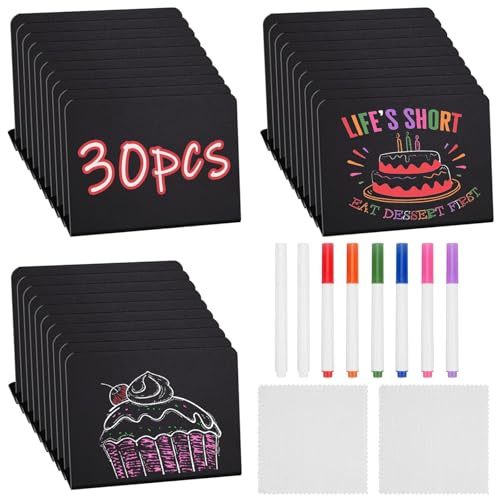 30 STK Mini Kreidetafel, Kleine Tafeln Zum Beschriften, Abwischbare Kunststoff Tafeln, Tischkarten für Nachrichtenschilder, mit 8 Stifte und 2 Putztuch, für Buffet Bäckerei Café Hochzeit Party L-Form