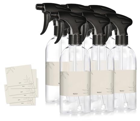 Oputec 6 x 500ml Sprühflaschen aus Kunststoff Transparent, zum Befüllen, mit ergonomischem Sprühkopf + Etiketten – Leere Wassersprühflaschen für Pflanzen, Blumen, Reinigungsmittel, Haarpflege und mehr