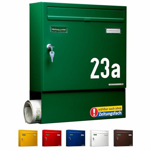 AL Briefkastensysteme Briefkasten mit Hausnummer grün 6005 - Basic 1er Briefkasten mit Zeitungsfach und Namensschild wetterfest Din A4 - Postkasten mit Hausnummernschild personalisiert