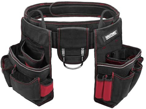 HAUTMEC Heavy-Duty Tool Belt, 20-Pockets Electrician Tool Pouch Organizer, 1680D Tool Bag with Adjustable Waist Strap, Hammer Holder, and 360° Reflective Strips for Safety – HT0177