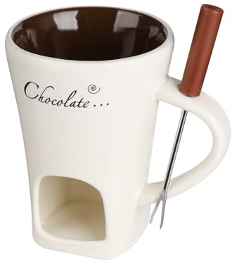 Ceramic Chocolate Fondue Mug - Melting Butter Pot with Fork, Cheese Warmer Cup, Butter Fondue Heated (White, NO CANDLE) 0808