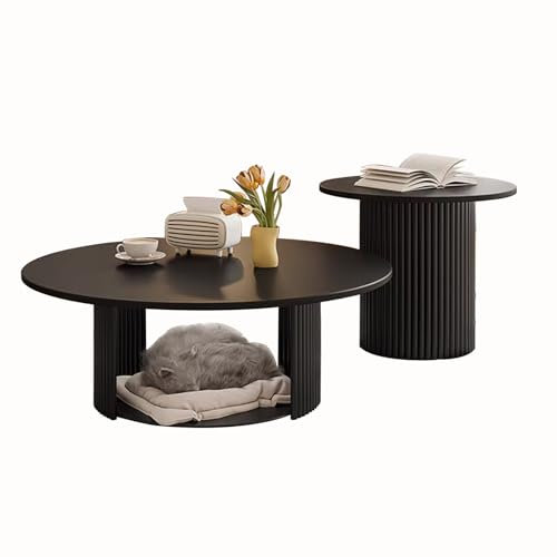 Couchtisch-Set Rund, Beistelltisch Satztisch in 2 Größen,Holzplatte auf stabilem Metallgestell,Wohnzimmertisch,Moderner Tisch für Wohnzimmer, Schlafzimmer & Balkon(Black)