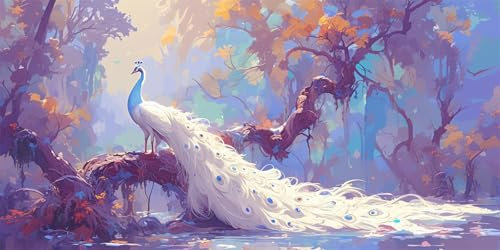 Pfau Malen Nach Zahlen Erwachsene, DIY Malen Nach Zahlen Baum Malen Nach Zahlen Kinder Anfänger, Handgemalt Ölgemälde Kit mit 3-Pinseln und Acrylfarbe, Herbst Deko Schlafzimmer, Canvas 80x160cm