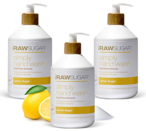 RAW SUGAR Simply Hand Wash, 16.9 Fl Oz (Pack of 3) Lemon Sugar Liquid Hand Soap for Kitchen or Bathroom, Cleanses & Refreshes Hands, Formulated without Sulfates & Parabens