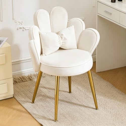 Bonnlo Schminktisch Stuhl, Schminkstuhl, Samt Sessel, Esszimmerstuhl, Weiß | Blütenblätter, Schleifenförmiges Kissen, Verstellbaren Goldenbeinen, für Schlafzimmer, Wohnzimmer, Homeoffice, Schminktisch