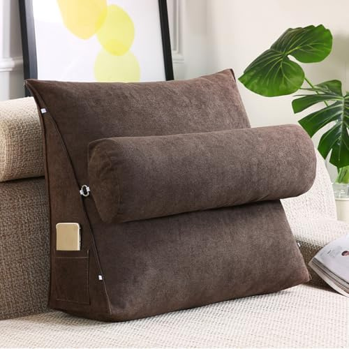GYCS Keilkissen Dreieckiges Lesekissen Kissen Mit Verstellbarer Nacken,Keilkissen Sofa,Rückenstütze Rückenlehnenkissen Für Sofa Bett, Kopfteil Lendenwirbelstütze Kissen,Coffee Color,60 * 50 * 20cm