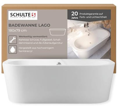 Schulte Badewanne Lago 180x79 cm, Inklusive verchromter Ab- und Überlaufgarnitur, Fußgestell, vormontiertem Schalldämmband und Wannenrandanker, aus hochwertigem Acryl in Weiß glänzend