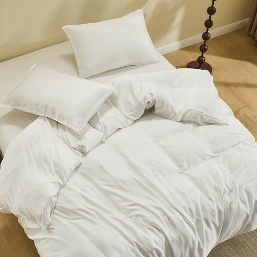 Simple&Opulence Cooling Duvet Cover Set Queen Size, 3 Pcs 100% Viscose Derived from Bamboo Hotel Luxury Silky Bedding Set, Breathable Soft Comforter Cover for Hot Sleeper with 2 Pillowcases(White)