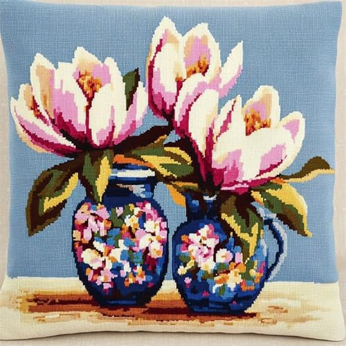 Wallphantom fiori Set per ricamo a punto croce per principianti,Magnolia in fiore,Cuscino da Ricamare Punto Croce,Kit Punto Croce da Ricamare,45x45cm
