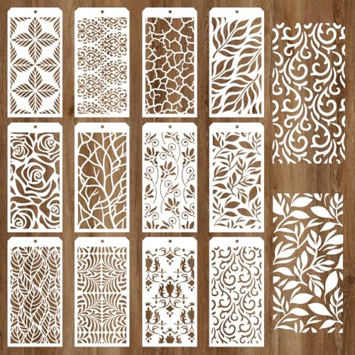 GOMAKERER 12 Stück Schablonen zum Malen, 12 Stil Blumenblatt Malschablonen Mit Umfassender Textur Wiederverwendbare Kunst Zeichenvorlagen Zum Malen Auf Wänden Holz Heimdekoration