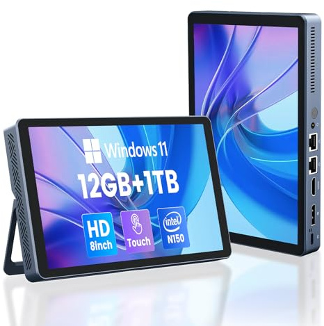 KOOTIGERS Mini PC N150 (jusqu'à 3,6 GHz) 12 Go RAM DDR5 1TB SSD Win 11 Pro Ordinateur de Bureau avec écran LCD, 4K@60Hz Double Port LAN 1000M, USB-C Polyvalent, WiFi 6 BT5.2 HDMI Bureau (N150-1TB)