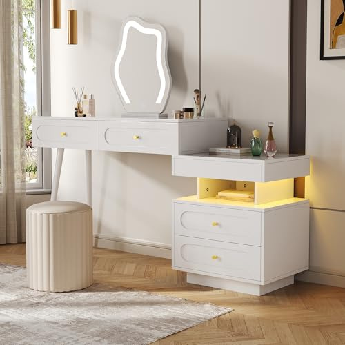 Easexcy Tavolo da toeletta con specchio illuminato a LED, set con design allungabile, moderno tavolo cosmetico per camera da letto B100/H78/T40 cm (senza sgabello) (bianco, B140/T40/H130 cm))