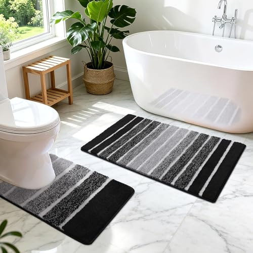 SHACOS Badezimmerteppich Set 2 Teilig Badteppich rutschfest Badematte Schwarz Weiche Badezimmer Teppiche Wasserabsorbierend Duschmatte Waschbar Badvorleger Set, 50x80+50x50cm