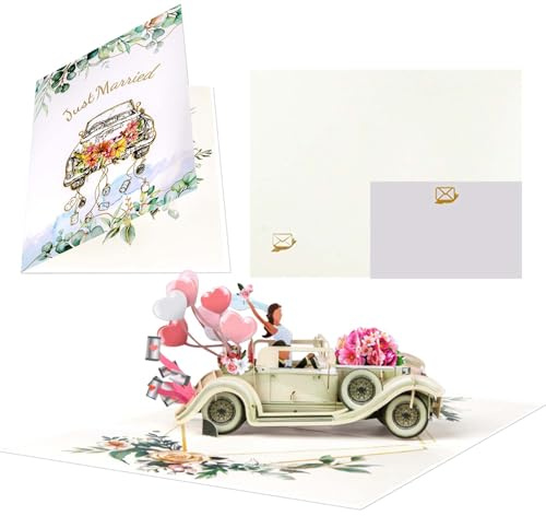 Just Married 3D-Pop-Up-Hochzeitskarte für Paare, ausgefallene Hochzeits-Geschenkkarte, luxuriös, romantisches Vintage-Auto-Design, Grußkarte für Braut und Bräutigam, Verlobung, Brautparty, Hochzeit