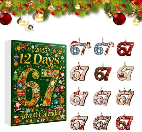 Jul 67 ornament nedräkningskalender, 12-dagars 2D rolig akryl heminredning – 67 julprydnad – för höst vinter trädgård inomhus Thanksgiving semester fest rum sovsal
