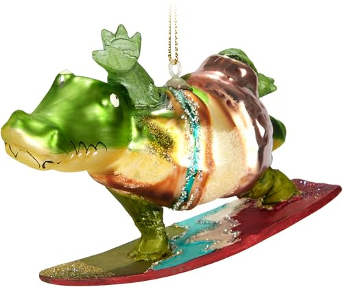 BRUBAKER Surfing Crocodile - Glass Christmas Bauble - Lifeguard Croco on Surfboard - Hand-Painted and Mouth-Blown - Humorous Tree Decoration Figure - Funny Hanging Ornament - 5.1 inches (13 cm)