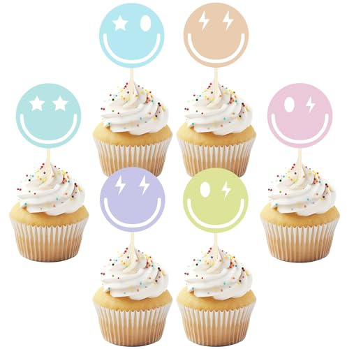 NISENTIA 36 Stück Lächeln Gesicht Cupcake Topper, Muffin Deko Kindergeburtstag Cupcake Dekorationen, Smiling Face Cake Topper Geburtstag Deko, Torten Topper für Kinder Geburtstagsfeier Dekorationen