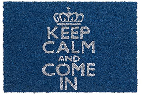Relaxdays Felpudo “Keep Calm and Come IN”, Alfombrilla Entrada de Coco y PVC, Alfombra 40 x 60 cm Antideslizante, Azul