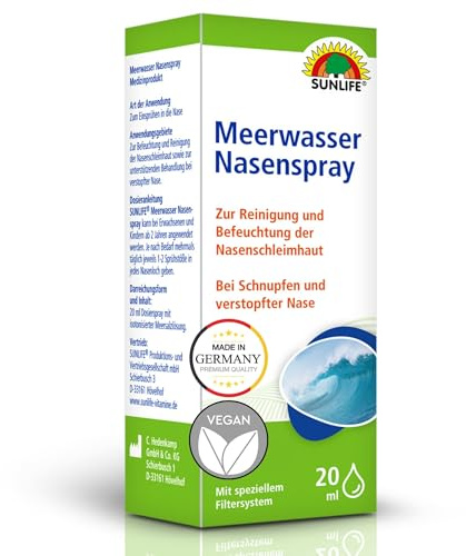 SUNLIFE Meerwasser Nasenspray 20 ml - Nasenspülung mit Meersalz - Nasenspray gegen Schnupfen - Spray zur Reinigung & Befeuchtung der Nasenschleimhaut - Isotonische Meersalzlösung