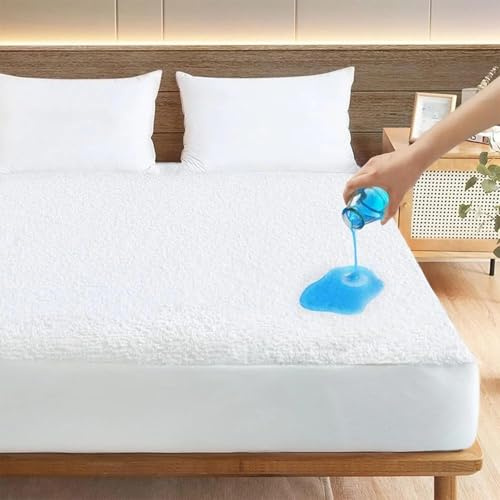 Rajlinen Premium Super Queen Mattress Protector, Waterproof Cooling Fitted Sheet, Fits Up to 16 Inch Deep Pocket, Soft Noiseless Breathable Fabric, Water-Resistant Bed Cover, White Solid