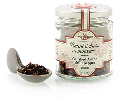 Chile ancho en trozos 45 g, chile poblano seco mexicano, picante moderado 4/10, ideal para mole, salsas, adobos, guisos y marinados, aroma afrutado