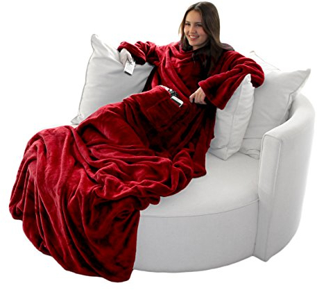 Brandsseller Kuscheldecke mit Ärmeln, TV-Decke, mit Fußsack und 2 großen Taschen, Rot, 170 x 200 cm