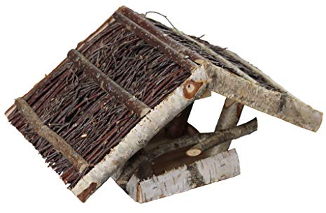Stehender Vogelfutterspender aus Birkenholz mit Dach aus Naturzweigen, ganzjähriger Futterplatz für Gartenvögel, 37 × 22 × 22 cm | Damian-Wiklina