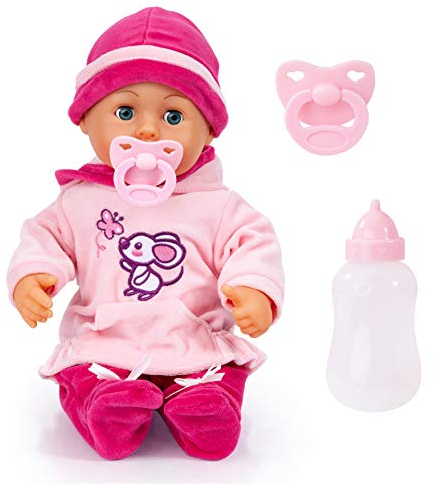 Bayer Design 93824BD Babypuppe interaktiv, Spielpuppe sprechend, weicher Körper, Schnuller, Flasche, 38 cm, Rosa
