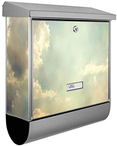 banjado® Burgwächter Briefkasten Edelstahl 38x39x12cm mit Motiv Himmel Vintage/Briefkasten Edelstahl ohne Zeitungsfach/Briefkasten grau/Postkasten inkl. Montagematerial & 2 Schlüsseln