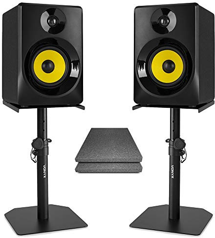 VONYX SMN50B Active Studio Monitors Package, Desktop Stands, Isolation Pads | 5-Inch Woofer, 140W, Flat frequency response, bass/treble controls, acoustic foam pair, RCA Line input, Volume