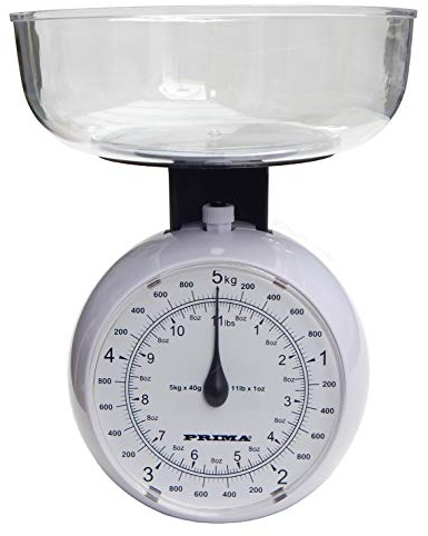 Prima Kitchenware 18163c Kitchen Scale | Mechanical Operation | Compact with Clear Removable Bowl | Weigh up to 5kg | Deep 1.2L Capacity Bowl | Imperial & Metric Measurements | Zero Adjustment | White