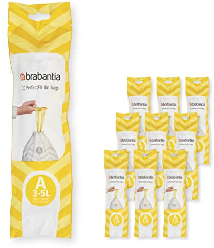 Brabantia PerfectFit Bin Liners Multipack (Size A/3 Litre) Thick Plastic Trash Bags with Tie Tape Drawstring Handles (200 Bags), White - Code a, (137648)