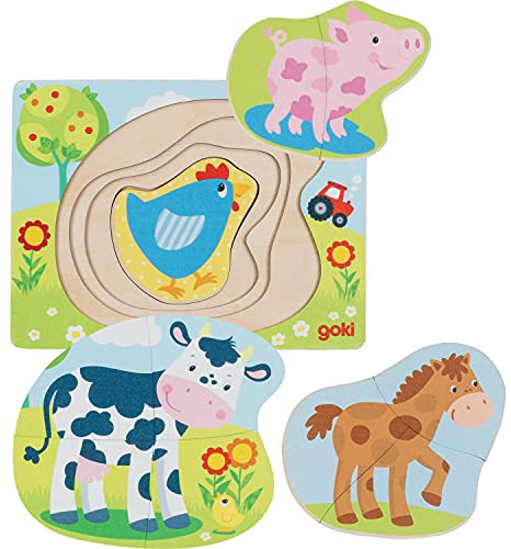 goki 57386 Schichtenpuzzle Bauernhoftiere 17,5 x 13,5 x 1,5 cm, Holz, 4 Schichten, 10 Teile, bunt