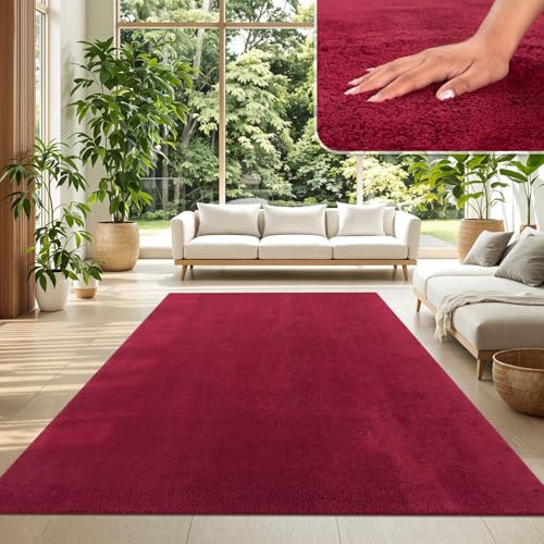 TT Home Wohnzimmer Teppich Kurzflor Anti-Rutsch Rückseite Unifarben Modern Waschbar, Farbe: Rot, Größe:120x160 cm