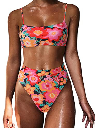 MOSHENGQI Women High Waisted High Cut Bikini Push Up Bandeau Swimsuits (L, Retro Colorful Floral)