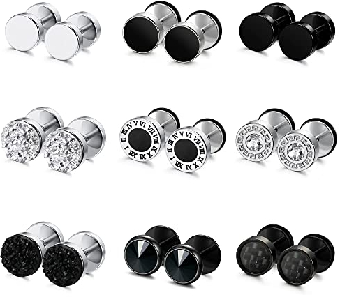9Paare Ohrringe Herren Ohrstecker Schwarz Edelstahl Ohrringe M?nner Silber Hypoallergen Piercing Ohr Schwarz Fake Plugs Tunnel Piercings Faux Gauges Herrenohrringe Set