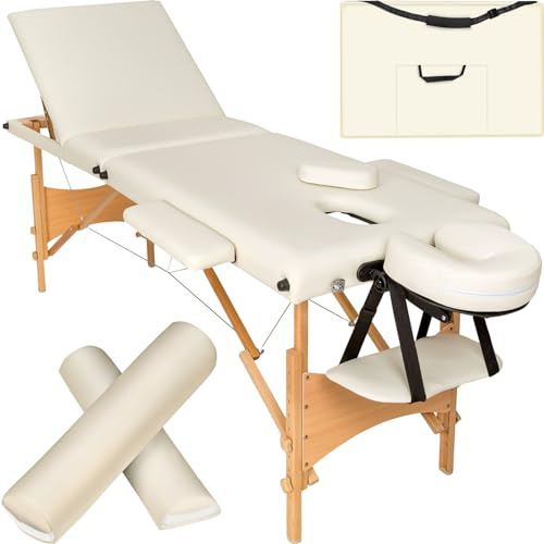 Daniel 3-zons massagebänk med klädsel, hjul och träram (Beige)