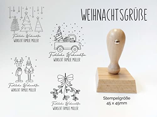 Frohe Weihnachten Stempel | Weihnachtsgrüß mit Name | Frohe Weihnachten wünscht Familie | Stempel mit Familienname | Holzstempel 45 x 45 mm