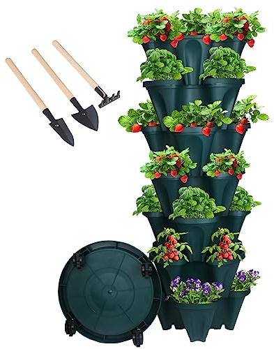 GameXcel Vertical Planter 7 Tier Stackable Planters Garden Planters Strawberry Herb Flower and Vegetable Planter Indoor Outdoor Gardening Pots with Removable Wheels and Tools - Green