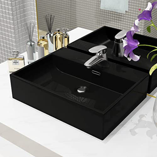 INLIFE Waschbecken mit Hahnloch Keramik Schwarz 51,5 x 38,5 x 15 cm,14.6kg,142741