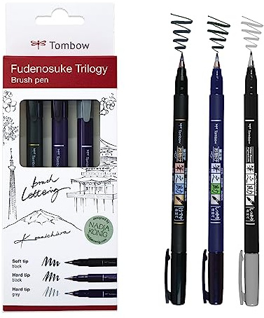 Tombow Fudenosuke Triology Set, elastische Pinselspitze, perfekt fürs Hand-Lettering, Sketching & Bullet Journaling, 3er Set, WS-BHS-3P