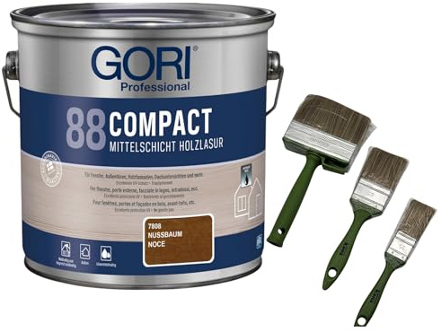zbs24 Gori 88 Compactlasur nussbaum 2,5 Liter Holzschutzlasur, tropfgehemmte Mittelschichtlasur, inkl. 3-teiliges Pinselset zur einfachen Verarbeitung der Lasur