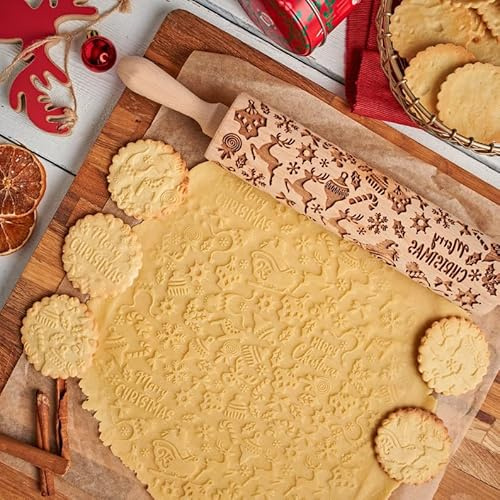 KARBAG Christmas Wooden Rolling Pin, Xmas DIY Embossed Rolling Pin Engraved Embossing Rolling Pins with Christmas Elk Deer Pattern Santa Claus