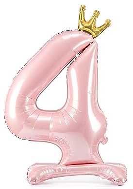 XXL Folienballon 4. Geburtstag Pink – Ballon Zahl 4 selbststehend, Hellrosa mit goldener Krone, Mädchen Kindergeburtstag, kein Helium nötig