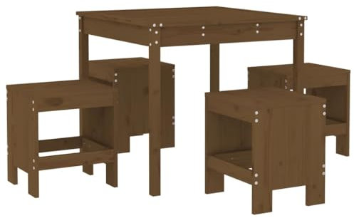 vidaXL Garten Essgruppe 5-TLG., Essgarnitur mit 1 Gartentisch 4 Gartenhocker, Sitzgruppe Garnitur für Garten Terrasse Balkon, Gartenset Gartenmöbel, Honigbraun Massivholz Kiefer