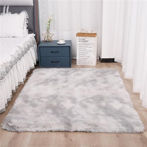 Treer Teppich Wohnzimmer Flauschig, Soft Modern Area Rug Weich Shaggy Teppiche Langflor rutschfest Fellteppich Kunstfell Fell Carpet für Schlafzimmer Nachttisch (160x230cm,Tie-dye hellgrau)