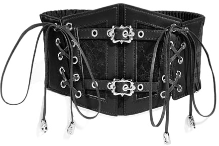 Tosmifairy Vintage Faux Leather Corset Belt Sides Lace-up Medieval Renaissance Underbust Wide Elastic Waist Belts for Women (Black, Fit Waist 26-29)