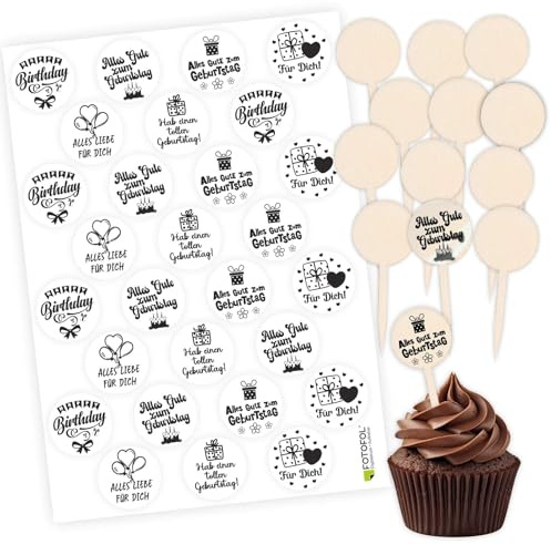 FOTOFOL Cupcake Stecker 12er Set aus Holz mit Aufklebern- Muffin Cupcake Topper- Geburtstag Feier Kuchenstecker (Transparent)