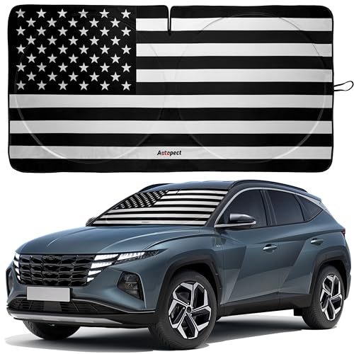 Autopect Windshield Sun Shade - American Flag Design, High-Resolution Sun Visor for Car, Truck, SUV with Mirror Cut-Out for Interior Sun Protection, Foldable Car Sun Shade (Black and White, Large)