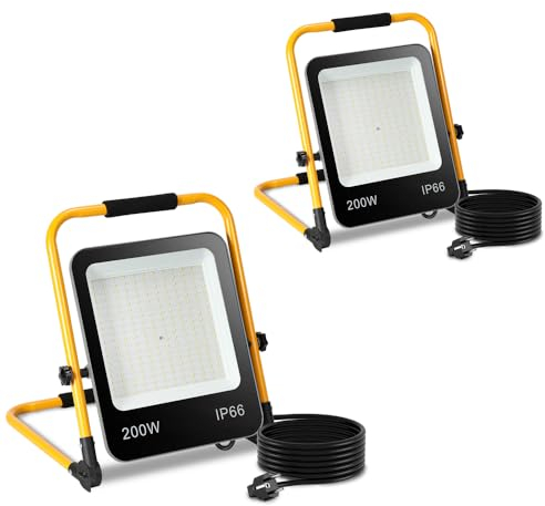 Fiqops LED Baustrahler 200W, 2x Arbeitsscheinwerfer 6000k Kaltweiß, 18000LM Baulampe Bauscheinwerfer, Arbeitsleuchte, Wasserdicht IP66, für Werkstatt, Baustelle Garage (3M Kabel mit Stecker)